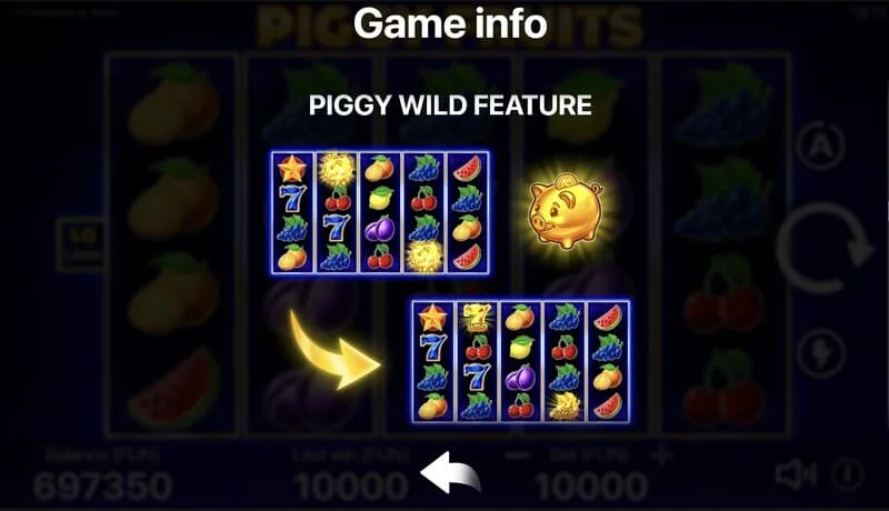 Piggy Fruits - herní obrazovka s mřížkou 5x4 a ovocnými symboly